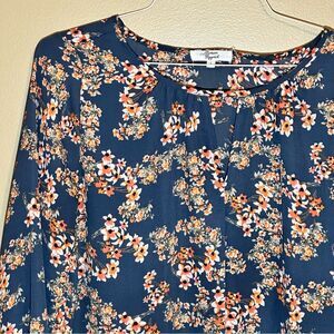 +Fall Autumn Top Women's Tie Front Floral Blouse Flowy Blue Burnt Orange Sz L